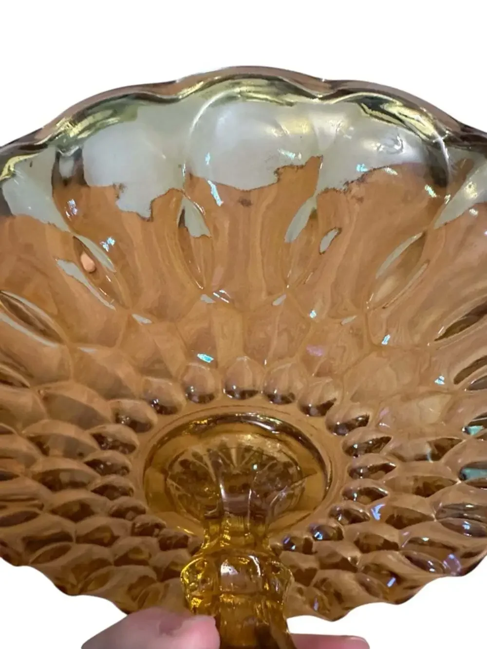 Vintage Amber Glass Pedestal Compote Cake Stand Scalloped Serving Bowl 10 Inch